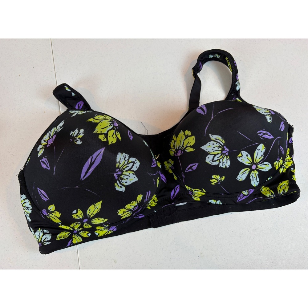 Black Floral Full Coverage Bra with Yellow and Purple Flowers Adjustable Straps